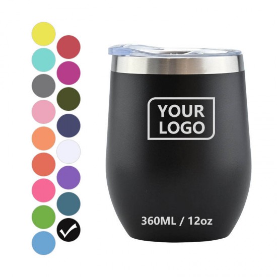 Custom Powder Coated Black 12oz Egg Shape Double Wall Thermal cup Stainless Steel Stemless Wine Glass Tumbler Custom Powder Coated Black 12oz Egg Shape Double Wall Thermal cup Stainless Steel Stemless Wine Glass Tumbler